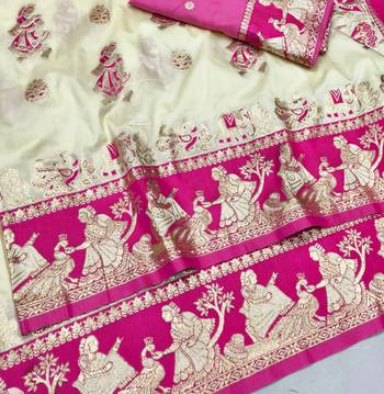 Cream zari woven silk blend saree with blouse piece 3
