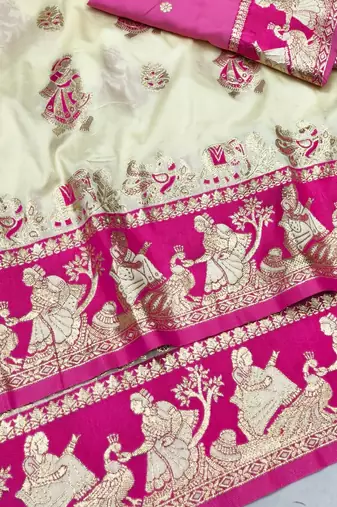 Cream zari woven silk blend saree with blouse piece