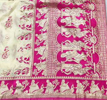 Cream zari woven silk blend saree with blouse piece 5
