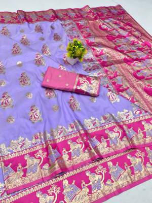 Lavender zari woven silk blend saree with blouse piece 1