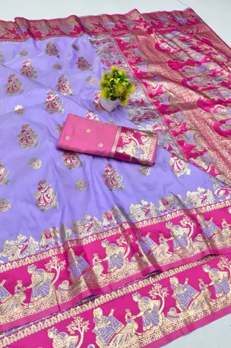 Lavender zari woven baluchari silk blend saree with blouse piece