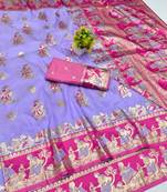 Lavender zari woven baluchari silk blend saree with blouse piece