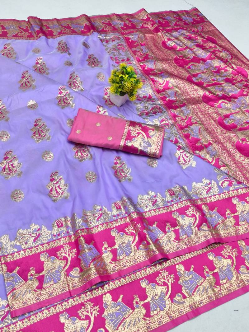 Lavender zari woven baluchari silk blend saree with blouse piece
