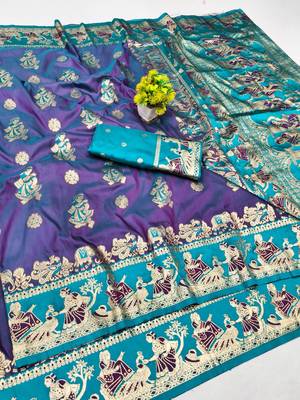 Purple zari woven silk blend saree with blouse piece 1