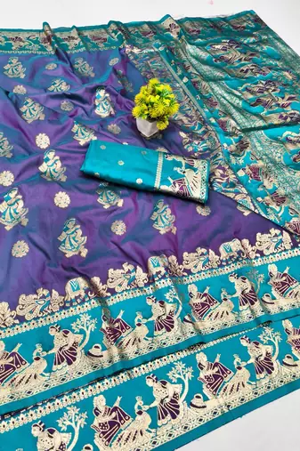 Purple zari woven baluchari silk blend saree with blouse piece