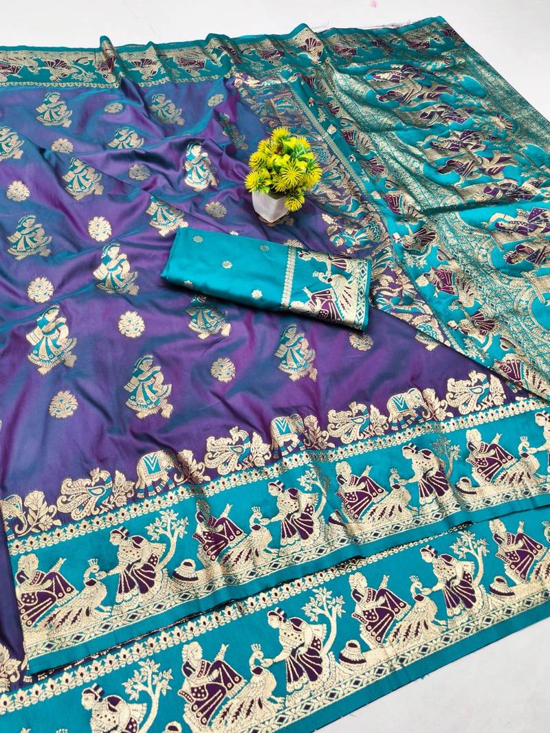 Purple zari woven baluchari silk blend saree with blouse piece