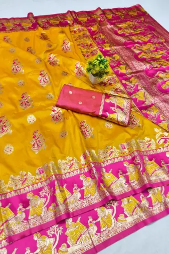 Gold zari woven baluchari silk blend saree with blouse piece