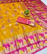 Gold zari woven baluchari silk blend saree with blouse piece