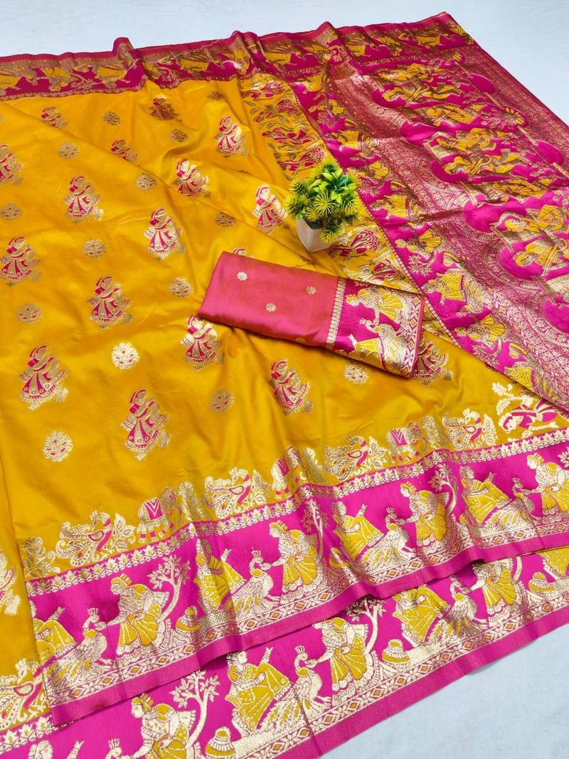 Gold zari woven baluchari silk blend saree with blouse piece