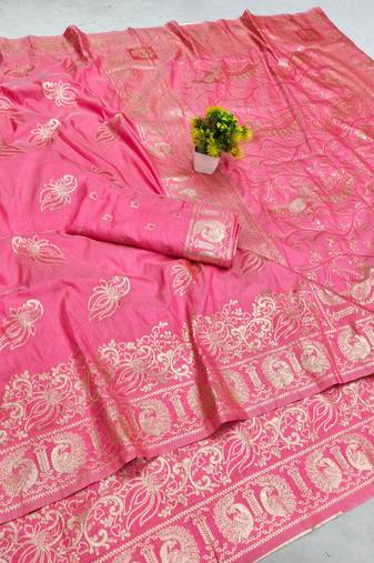 Pink zari woven banarasi silk blend saree with blouse piece