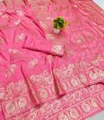 Pink zari woven banarasi silk blend saree with blouse piece