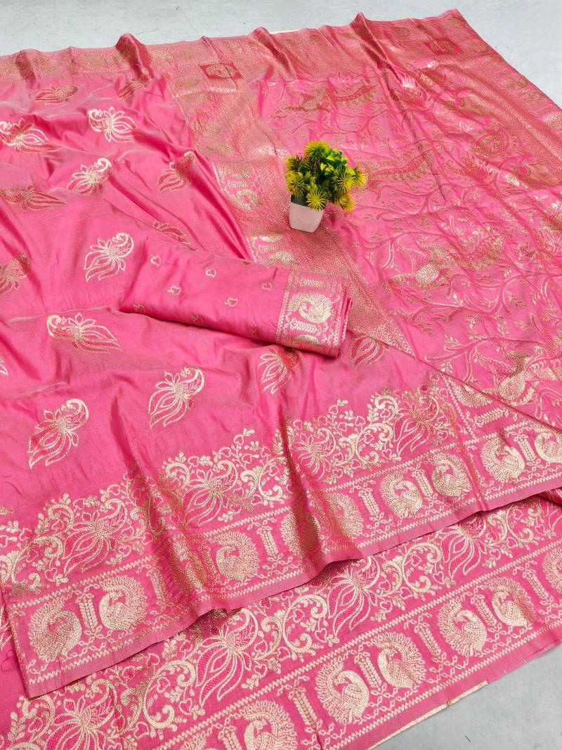 Pink zari woven banarasi silk blend saree with blouse piece