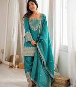 Sea green vichitra silk zari dori sequins embroidered pant suit
