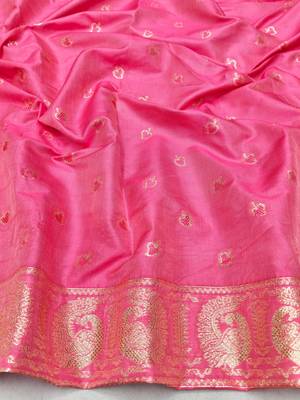 Pink zari woven silk blend saree with blouse piece 4