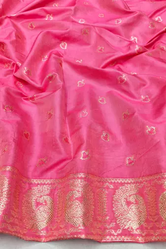 Pink zari woven silk blend saree with blouse piece