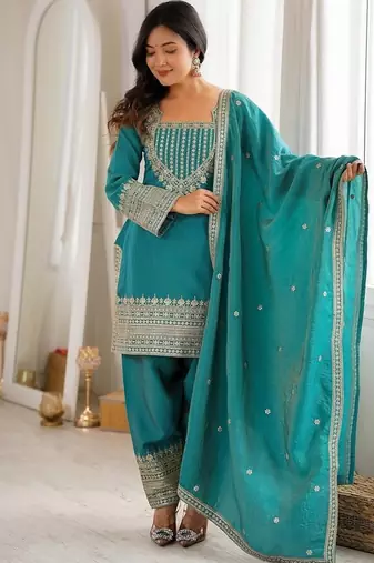Sea green vichitra silk zari dori sequins embroidered pant suit