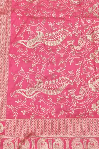 Pink zari woven silk blend saree with blouse piece