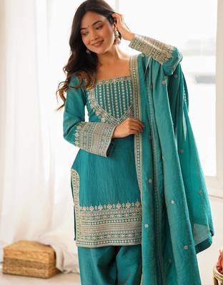 Sea green vichitra silk zari dori sequins embroidered pant suit 3