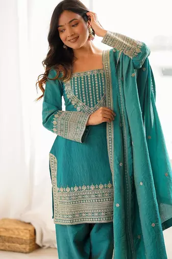 Sea green vichitra silk zari dori sequins embroidered pant suit