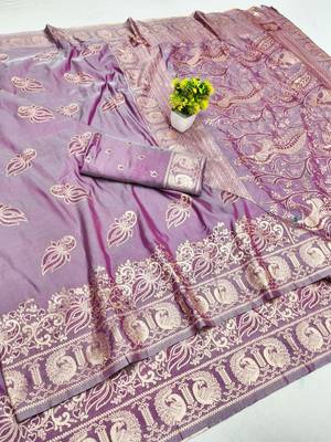 Purple zari woven silk blend saree with blouse piece 1