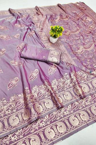 Purple zari woven banarasi silk blend saree with blouse piece