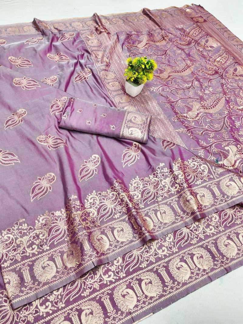 Purple zari woven banarasi silk blend saree with blouse piece