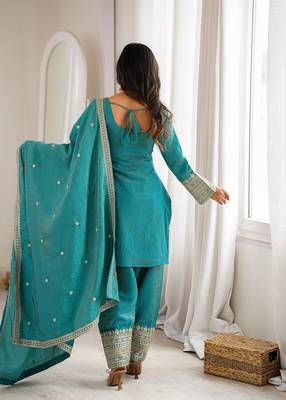 Sea green vichitra silk zari dori sequins embroidered pant suit 4