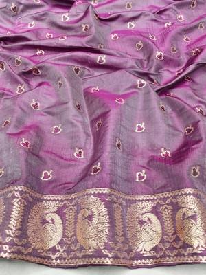 Purple zari woven silk blend saree with blouse piece 4