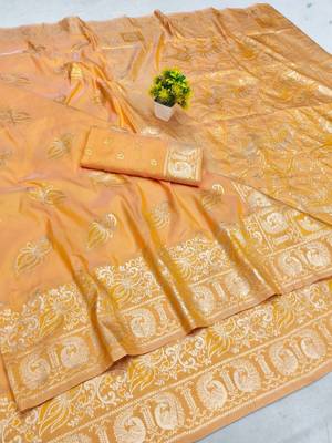 Orange zari woven silk blend saree with blouse piece 1