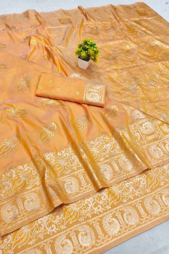 Orange zari woven banarasi silk blend saree with blouse piece