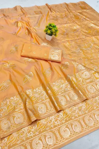 Orange zari woven banarasi silk blend saree with blouse piece