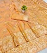 Orange zari woven banarasi silk blend saree with blouse piece