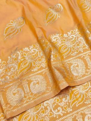 Orange zari woven silk blend saree with blouse piece 3