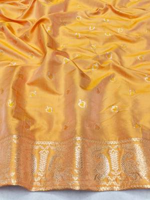 Orange zari woven silk blend saree with blouse piece 4