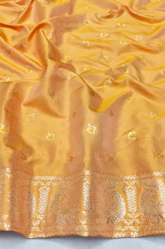 Orange zari woven silk blend saree with blouse piece