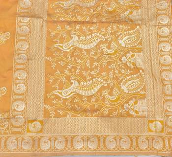 Orange zari woven silk blend saree with blouse piece 5
