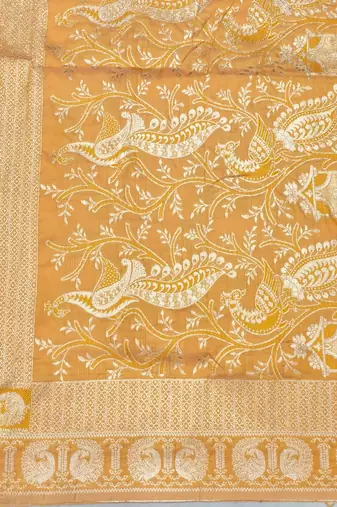 Orange zari woven silk blend saree with blouse piece