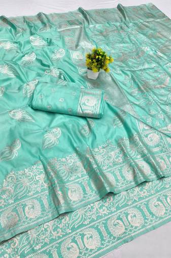 Blue zari woven banarasi silk blend saree with blouse piece