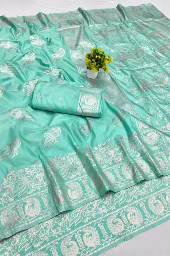 Blue zari woven banarasi silk blend saree with blouse piece