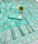 Blue zari woven banarasi silk blend saree with blouse piece