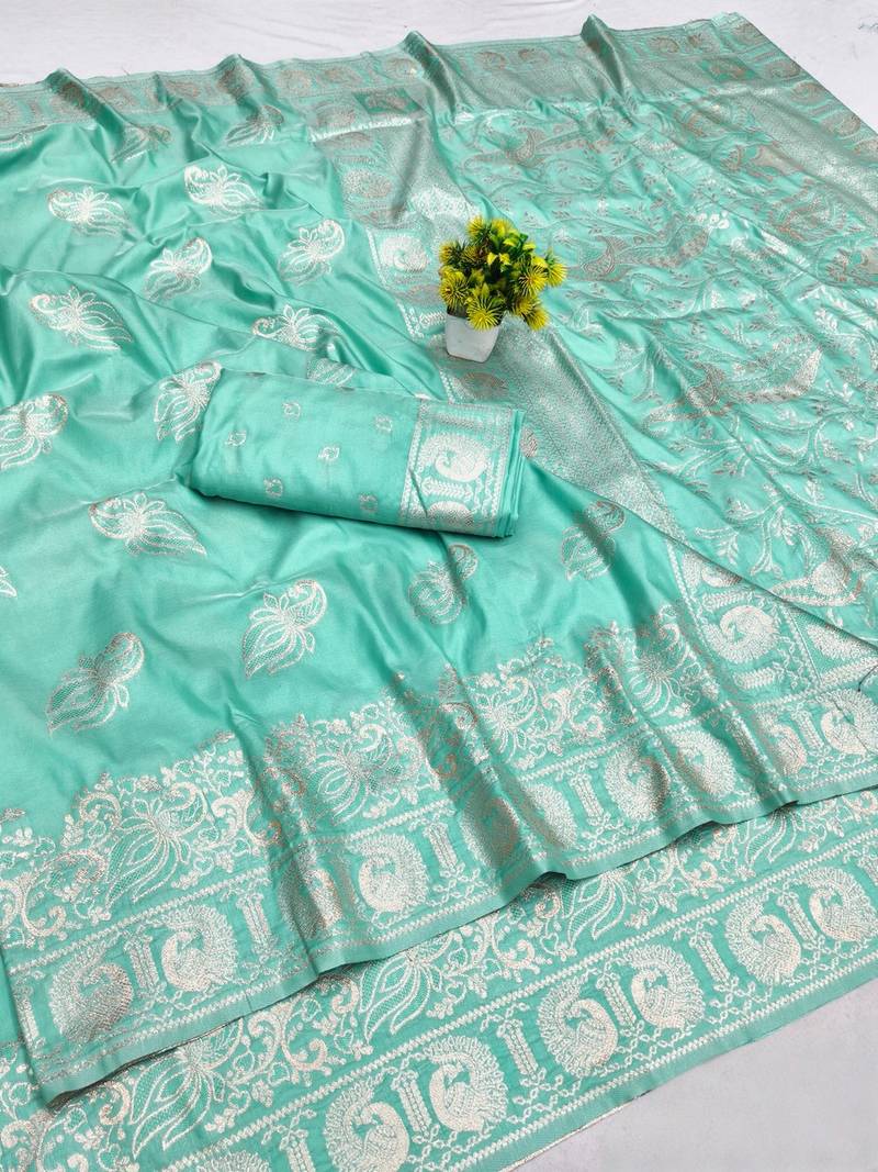 Blue zari woven banarasi silk blend saree with blouse piece