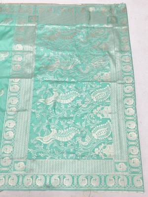 Blue zari woven silk blend saree with blouse piece 2