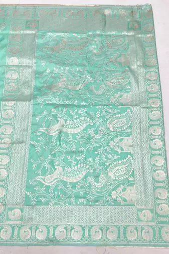 Blue zari woven silk blend saree with blouse piece