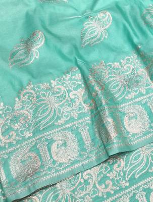 Blue zari woven silk blend saree with blouse piece 3
