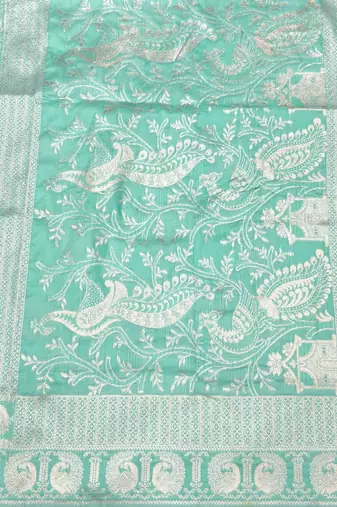 Blue zari woven silk blend saree with blouse piece