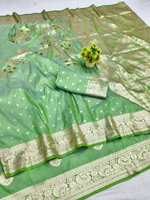 Light green zari woven silk blend saree with blouse piece 1