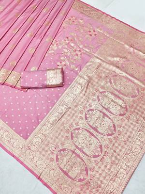 Pink zari woven silk blend saree with blouse piece 1