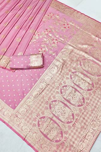 Pink zari woven silk blend saree with blouse piece