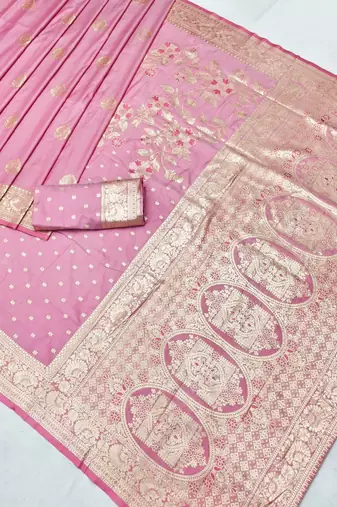 Pink zari woven banarasi silk blend saree with blouse piece
