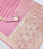Pink zari woven banarasi silk blend saree with blouse piece